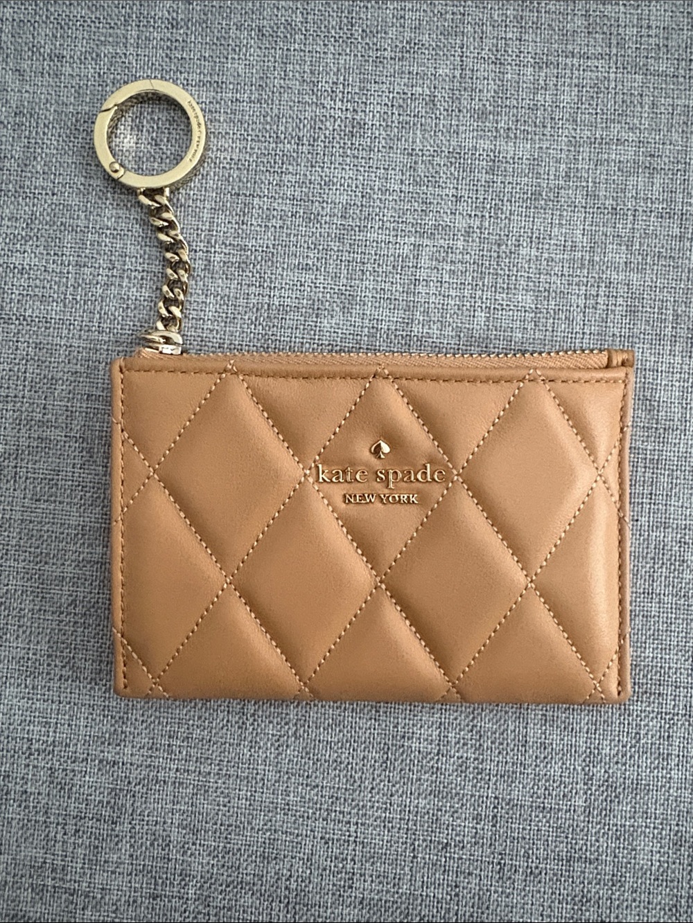Kate Spade Quilted Tan Leather Card Holder Keychain with Gold Hardware